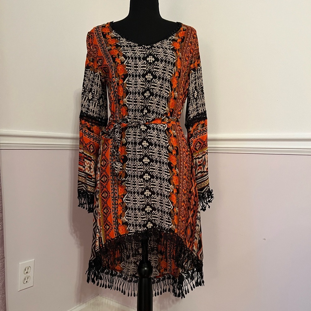 Chelsey & Violet Boho Tunic Dress – Fringe Hem, Tie-Waist